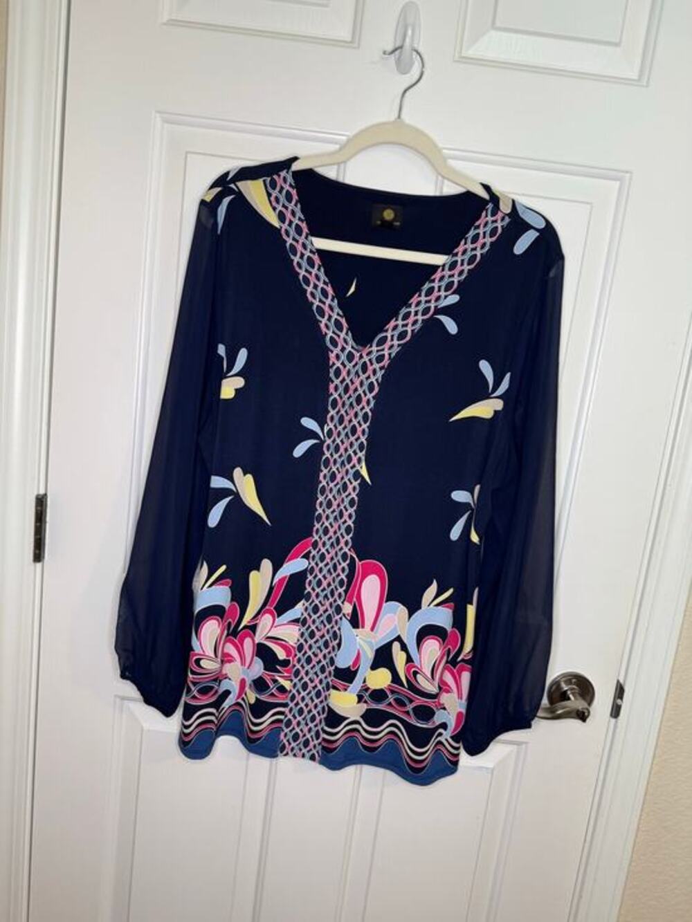 JM Collection Border Print Sheer Sleeve Blue Pink Yellow V-neck Blouse Plus XXL